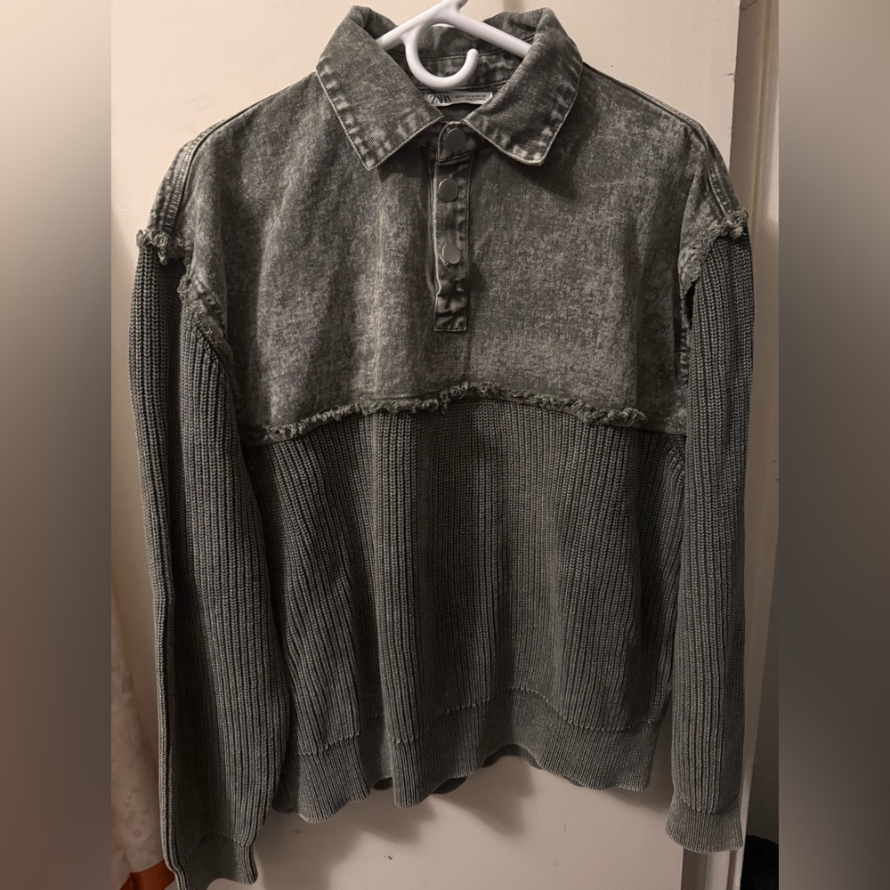 Gray Mixed Media Collared Sweater
